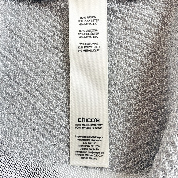 Chico’s Silver Metallic Open Front Mesh Knit Sweater Cardigan Size L/12 - Picture 6 of 7